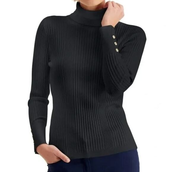 JM Collection Women's Petite Ribbed Turtleneck Sweater in Deep Black PM MSRP $50 - Picture 2 of 4